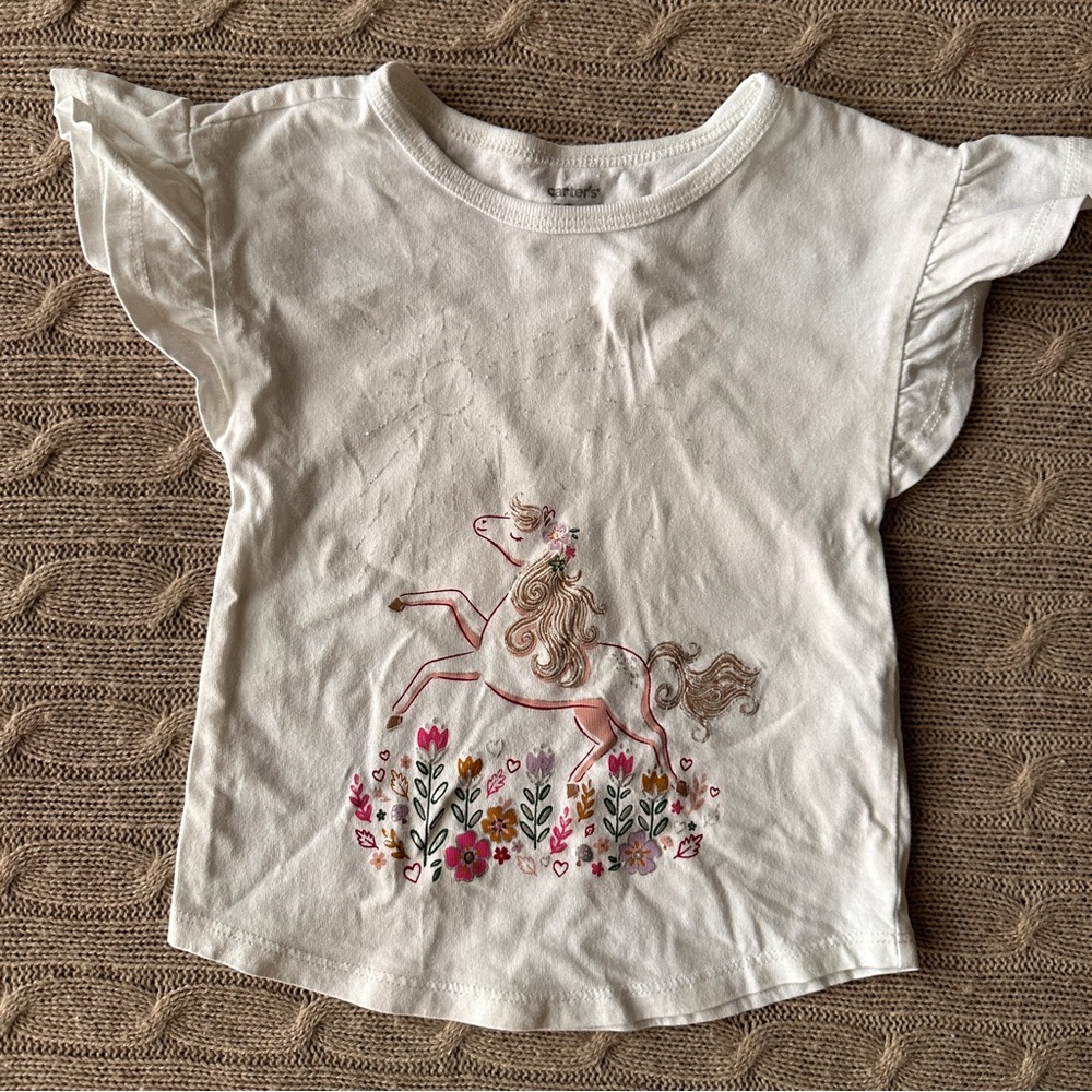 EUC Carter's Baby Girl Tee Shirt, Flower Pony, 18 Months
